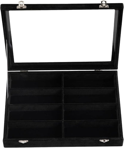 Frebeauty Sunglass Organizer,Velvet Glasses Organizer,8-Slot Sunglasses Tray with Clear Lid,Men's/Women's Sunglasses Box,Sunglass Case,13.3 x 9.6 x 2.2 Inches,Eyeglass/Eyewear Display Tray(Balck)
