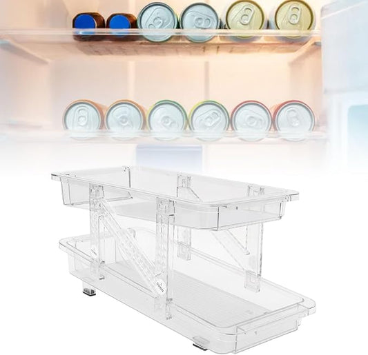 2 Layer Expandable Soda Can Organizer, Automatic Rolling Beverage Drink Dispenser for Fridge, Plastic Beer Can Holder for Refrigerator Pantry Freezer (Clear White)