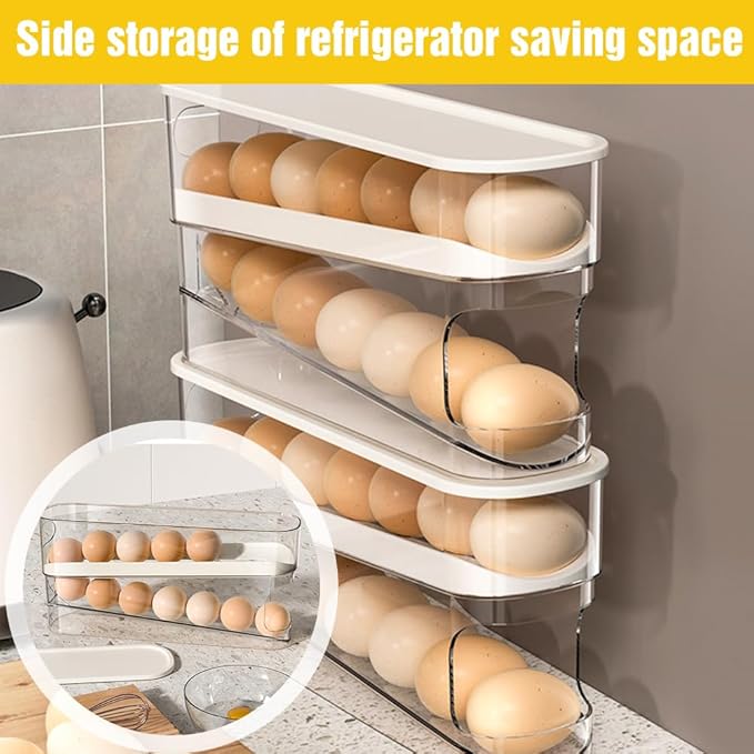 2025 New Egg Holder for Fridge, Egg Organizer for Refrigerator Automatic Scrolling Eggs Rack Holder Rolling Dispenser Stackable Container and Storage for Refrigerator with Lid