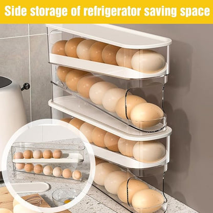 2025 New Egg Holder for Fridge, Egg Organizer for Refrigerator Automatic Scrolling Eggs Rack Holder Rolling Dispenser Stackable Container and Storage for Refrigerator with Lid