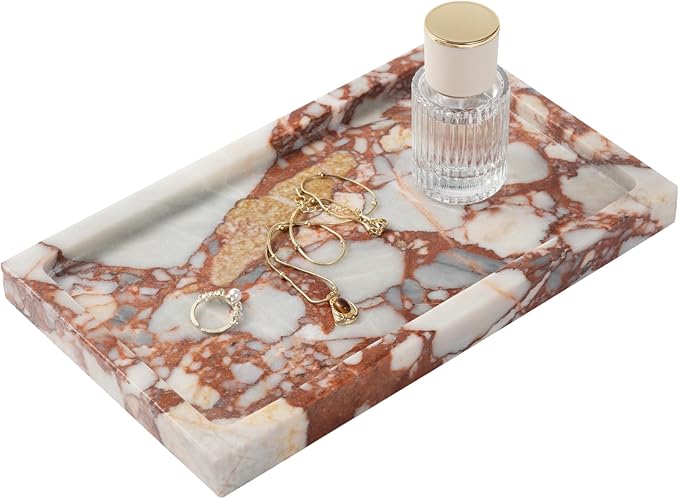 Deep Red Marble Rectangular Tray 10x6 Inch - Bathroom & Vanity Organizer, Jewelry Tray, Kitchen Counter Decor - Natural Stone Catchall