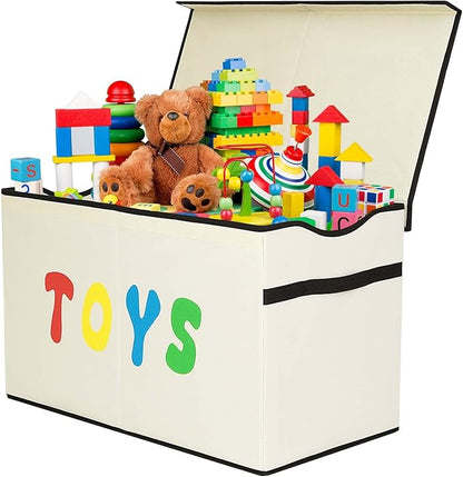 Toy Box Chest, Collapsible Sturdy Storage Bins with Lids, Extra Large Kids Toy Storage Organizer Boxes Bins Baskets for Kids, Boys, Girls, Nursery Room, Playroom, Closet (New Beige)