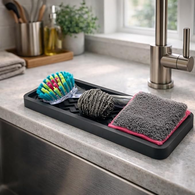 Happitasa Silicone Kitchen Sink Organizer Tray, Sponge Holder and Countertop Protector | Bathroom and Kitchen Soap Dish and Dispenser Tray (Dark Chocolate, 12" x 4", 9.2 Ounces, Zigzag)