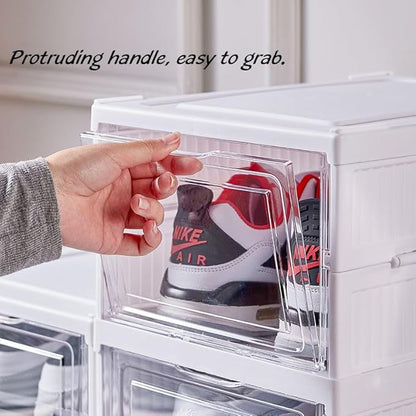 FUYUN Plastic Shoe Organizer - Stackable and Foldable 6-Tier Shoe Boxes for Closet, Clear and Space-Saving Sneaker Containers, No Assembly Required