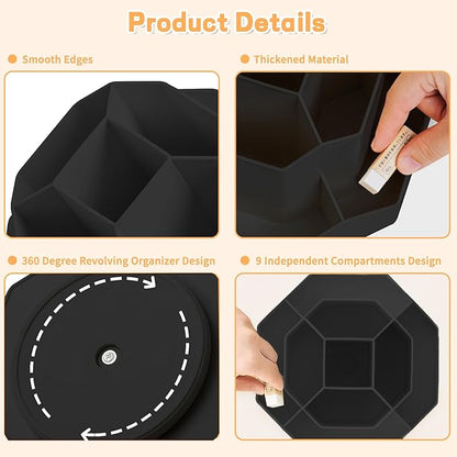 Pencil Pen Holder for Desk,9 Slots 360 Degree Rotating Desk Organizers,Desktop Storage Stationery Supplies Organizer, Cute Pencil Cup Pot For Office, School, Home(Black)