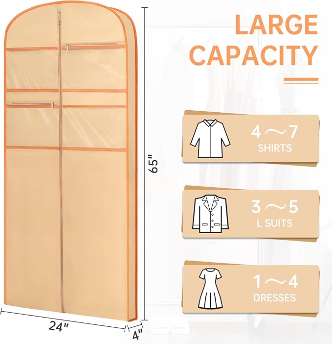 65" Garment Bag for Travel for Hanging Clothes Storage Hanging Suit Cover with Zipper and Accessory Storage for Coats, Dresses, Suits