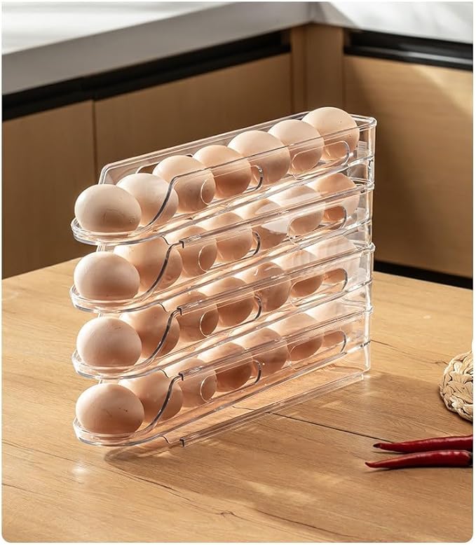 Egg Holder for Fridge,Stackable 1-4 Tiers Container,Auto Rolling Fridge Organizer for Refrigerator,Space-Saving Dispenser Holder,Refrigerator Egg Rack Transparent (4Packs)