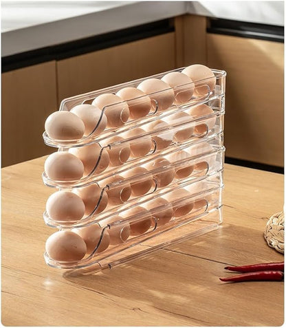 Egg Holder for Fridge,Stackable 1-4 Tiers Container,Auto Rolling Fridge Organizer for Refrigerator,Space-Saving Dispenser Holder,Refrigerator Egg Rack Transparent (4Packs)