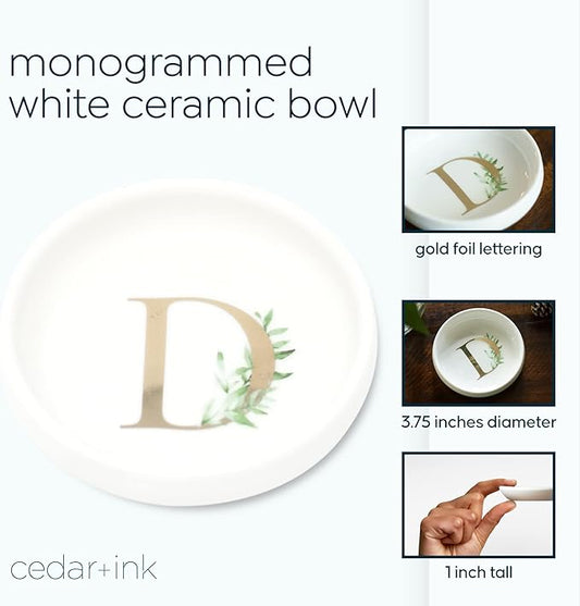 Cedar & Ink Monogrammed Jewelry Tray - Trinket Dish with Gold Ring Holder - Personalized D in White