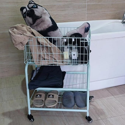 3 layerS rolling wire laundry basket,easy moved laundry cart for clothes,pants laundry. children toys organization cart,metal cart with metal frame,enlarge the storage (MINT)