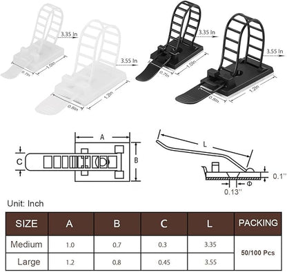 100Pcs Adhesive Cable Management Clips with 50Pcs Zip Ties, Adjustable Nylon Cable Strap Ties Wire Clips Clamps Organizer, Extra Screw & Hole - 3.35 Inch White