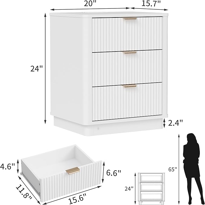 BONITURE Fluted Night Stand Set of 2, Curved Nightstands with Charging Station Lighting, Wood End Table with 3 Drawers, Modern Side Table Storage Cabinet for Bedroom Office,(2, White)