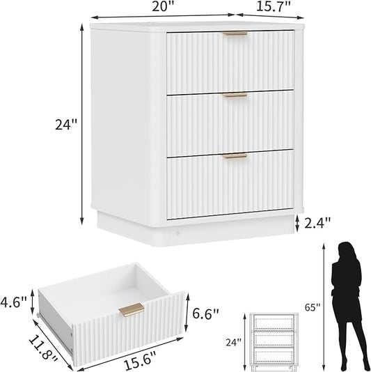 BONITURE Led Fluted Nightstand, Smart Curved Night Stand with Charging Station Lighting, Wood End Table with 3 Drawers, Modern Side Table Storage Cabinet for Bedroom Office,(1, White)