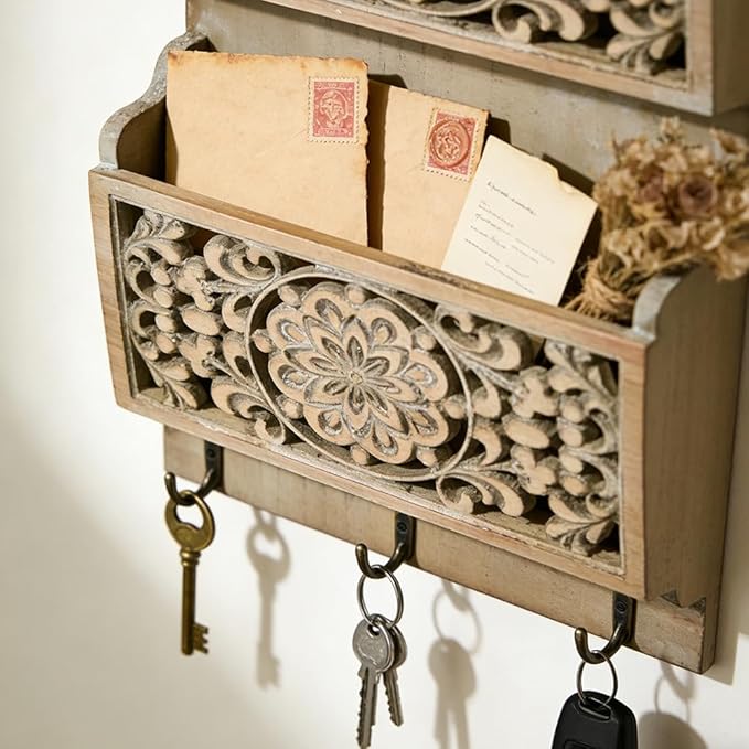 Rustic Key and Mail Holder for Wall Home Decorative,2-Slot Mail Organizer Wall Mount with 3 Hooks, Wooden Key Hangers Wall File Organizer Letter Sorter for Letter Magazines（Brown）