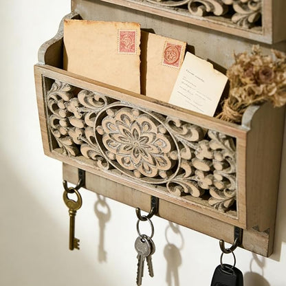 Rustic Key and Mail Holder for Wall Home Decorative,2-Slot Mail Organizer Wall Mount with 3 Hooks, Wooden Key Hangers Wall File Organizer Letter Sorter for Letter Magazines（Brown）