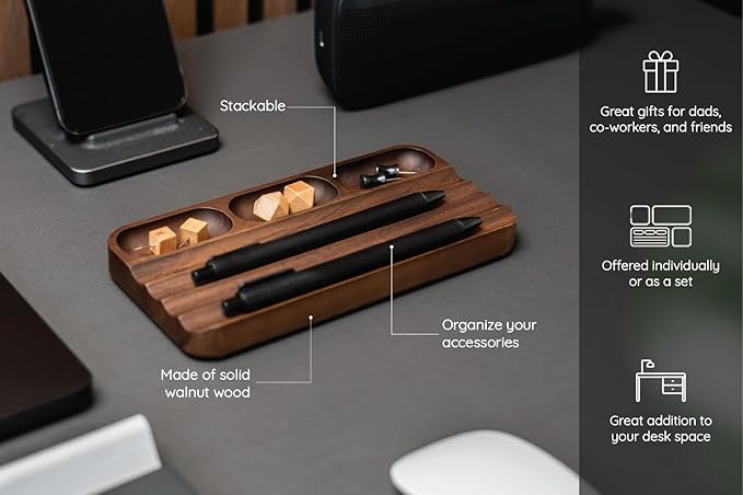 MUUJEE Wooden Desk Pen Pencil Organizer - 7.5 x 3.75 for Work Teacher Dad Wood Pencils Tray Work Minimalist Rustic, Gift for The Man who has it All