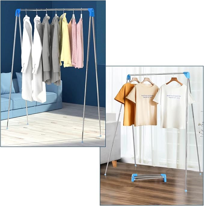 Portable Garment Rack, Folding Clothes Rack, Collapsible Clothing Rack for Dance, Travel, Camping, Laundry, Indoor, Outdoor, Drying, RV, Mini Compact Racks Blue + 3 Foldable Clothes Hangers