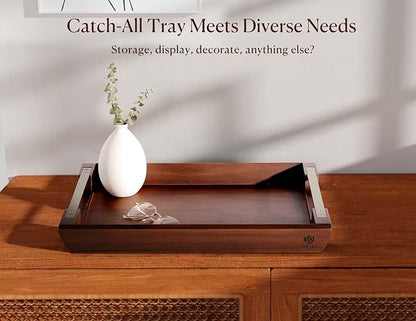 Acacia Wood Serving Tray with Metal Handles, 17x13in Food Drinks Tray for Coffee Table, Breakfast, Dinner & Bar, Rustic Decorative Storage Tray for Ottoman, Kitchen, Elegent Gift Packaging