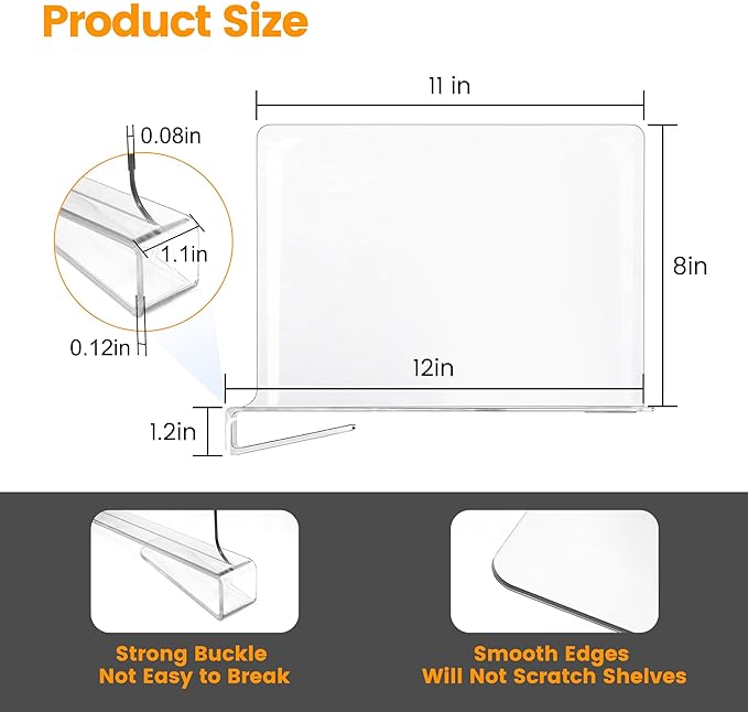 OKPOW Shelf Dividers for Closet Organization - 8" Tall X 12" Deep Acrylic Clear Sturdy Separators for Clothes Purse - Adjustable Removable Easy to Install Storage for Wood Cabinet Housewife 10 Pack