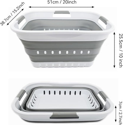 SAMMART 30L (8 gallon) Collapsible 3 Handled Plastic Laundry Basket - Foldable Pop Up Storage Container/Organizer - Space Saving Hamper/Basket (White/Grey)