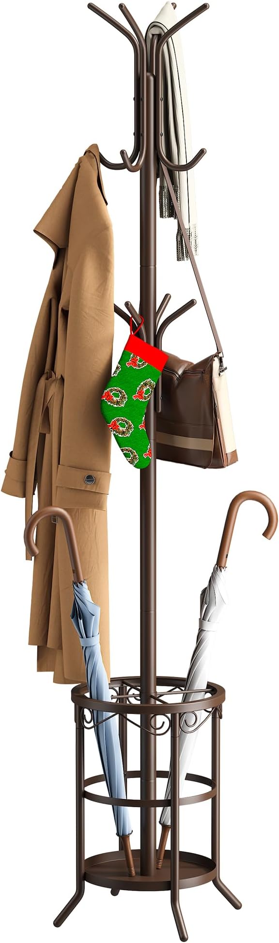 FILWH Coat Rack Freestanding with Umbrella Stand Coat Rack Stand with 12 Hooks Metal Coat Tree Coat and Hat Hanger Jacket Entryway(Brown)
