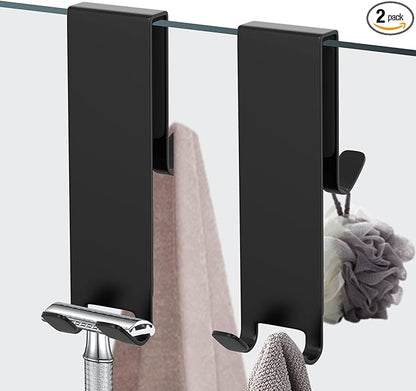 Shower Door Hook, Extended Length Double-Sided Hook for Frameless Shower Doors (7 Inch), Heavy-Duty Stainless Steel Hook for Bathrobes and Towels, No Drilling or Adhesive Required, 2-Pack, Black