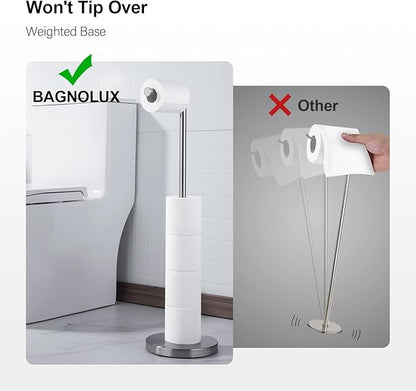 BAGNOLUX Bathroom Toilet Paper Holder Stand with Reserve, SUS304 Stainless Steel Rustproof Pedestal Tissue Roll Holder Heavy Duty, Brushed Nickel