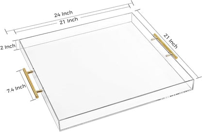 Extra Large Clear Acrylic Serving Tray (21×21 Inches) with Gold Handles Spill Proof Acrylic Over Size Big Decorative Tray Organiser for Ottoman Coffee Table Countertop