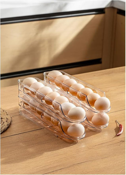 Egg Holder for Fridge,Stackable 1-4 Tiers Container,Auto Rolling Fridge Organizer for Refrigerator,Space-Saving Dispenser Holder,Refrigerator Egg Rack Transparent (4Packs)