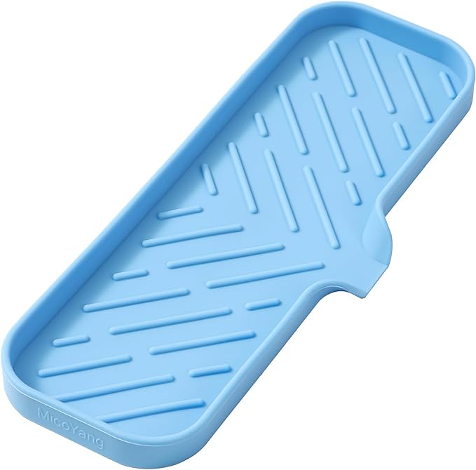 MicoYang Silicone Bathroom Soap Dishes with Drain Spout-Bathroom and Kitchen Sink Organizer,Sponge Holder,Dish Soap Tray,Perfect for Dispenser,Scrubber,Bottle on Sink or Counter-Light Blue 12"×4"