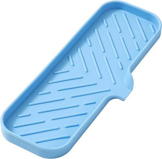 MicoYang Silicone Bathroom Soap Dishes with Drain Spout-Bathroom and Kitchen Sink Organizer,Sponge Holder,Dish Soap Tray,Perfect for Dispenser,Scrubber,Bottle on Sink or Counter-Light Blue 12"×4"