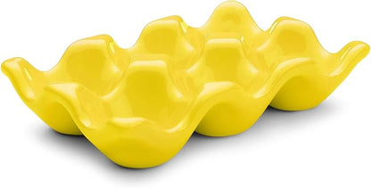 Flexzion Ceramic Egg Holder for Fridge - 6 Cups Egg Tray Half Dozen Porcelain Container Keeper Storage Organizer Decorative Serving Dish Serveware for Refrigerator Countertop Display Kitchen (Yellow)