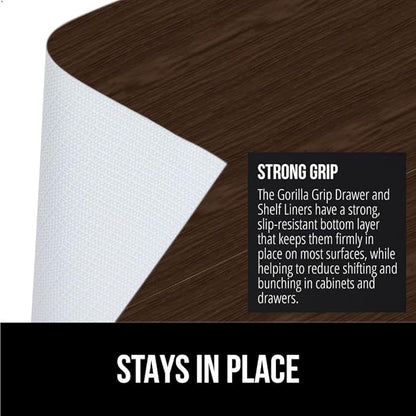 GORILLA GRIP DripGuard Shelf Liner, Non Adhesive Drawer and Kitchen Cabinet Protector, Slip Resistant BPA Free Smooth Surface Plastic Liners for Cabinets, Bathrooms, Closets, 17.5x120 Inch, Wood