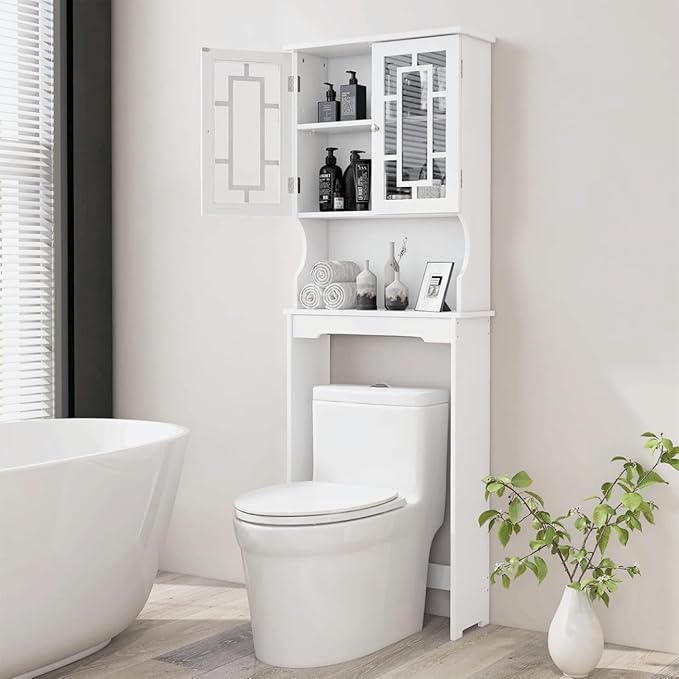 BestComfort Over The Toilet Storage Cabinet, Home Bathroom Space Saver Organizer Above Toilet, Double Doors and Adjustable Shelf, Wooden Freestanding Toilet Storage Rack Unit, 67 inch (White)