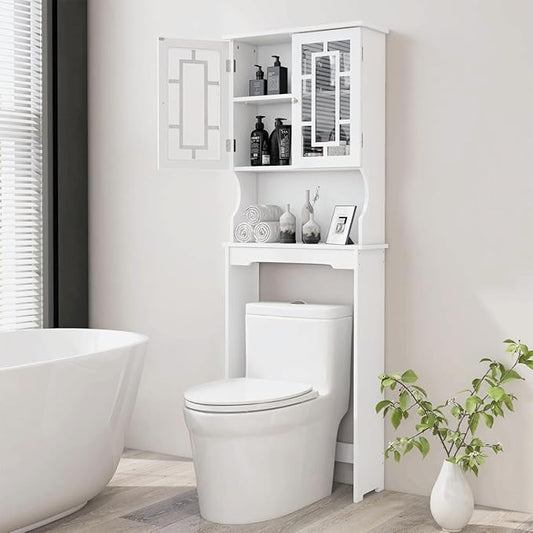 BestComfort Over The Toilet Storage Cabinet, Home Bathroom Space Saver Organizer Above Toilet, Double Doors and Adjustable Shelf, Wooden Freestanding Toilet Storage Rack Unit, 67 inch (White)