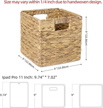 4 Pack 9in Wicker Storage Cubes, Water Hyacinth Baskets, Foldable Wicker Baskets, Storage Basket with Built-in Handles, Handwoven Natural Basket for Shelves, Outdoor