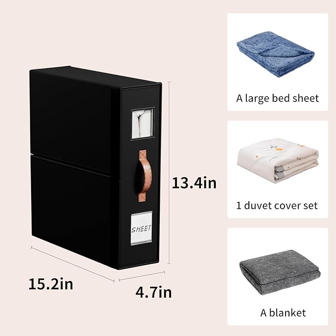EE-RoomWorld 4 Pack Bed Sheet Storage Organizers- Premium Fabric Closet Organizer with Clear View Window, Space-Saving Foldable Design for Queen/King Size Bedsheets, Blankets & Duvet Covers