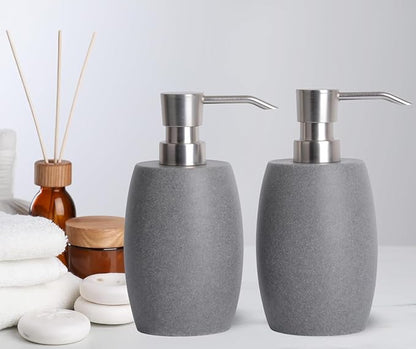 Clasin Home Sandstone Textured Resin Soap Dispenser with Metallic Pump and Waterproof Bottle Labels for Bathroom Kitchen Dish Hand Wash Shower Lotion Shampoo, 12 Oz, 2 Sets Gray