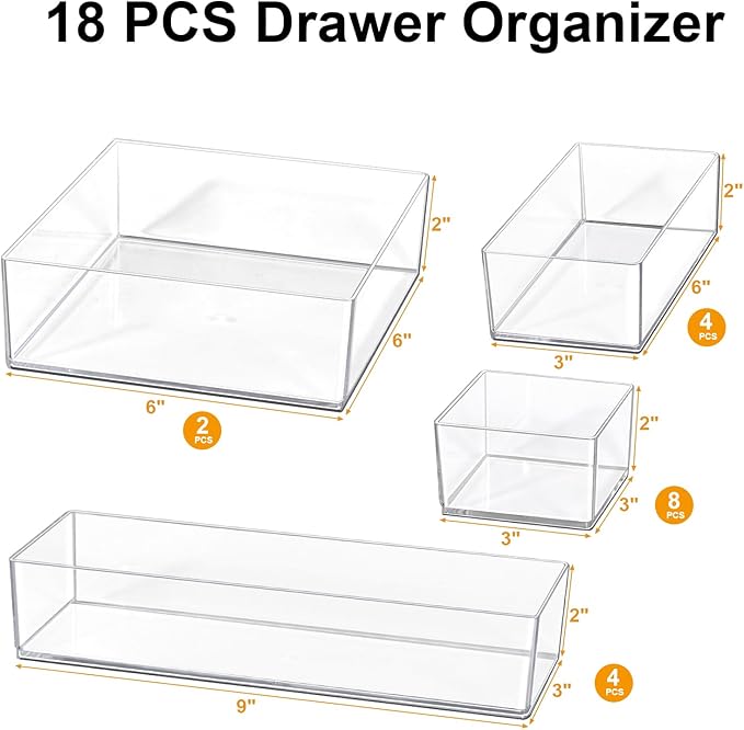 Recogwood Stackable Acrylic Drawer Organizer Set, 18 PCS Multi-Size Storage Bins for Makeup, Office Desk, Bathroom, Vanity and Kitchen Utensils