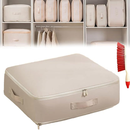 Ultra Space Saving Self Compression Organizer, 3-Layer Washable Comforter Storage Bag, Compression Bags for Storage for Storing and Organizing Winter Blanket, Duvets (Medium Oatmeal)
