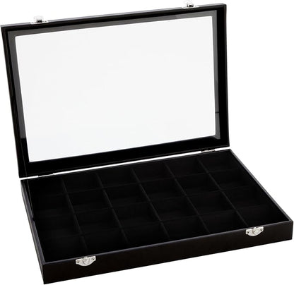 Juvale Black Velvet Jewelry Display Tray Organizer Case - Jewelry Display for Vendors w/Glass Cover - 24 Slot Tray with Removable Grids - Crystal & Rock Collection Box - Black 14 x 9.5 x2 in