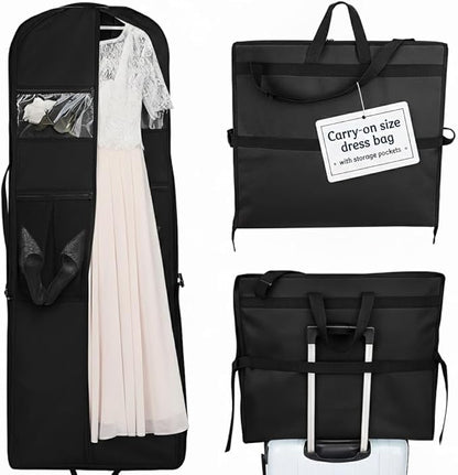 Sturdy Oxford polyester fabric - 72" Wedding Dress Garment Bag - Shoulder Strap - Accessory Pockets - Attaches to Suitcase – Waterproof – Trifold – Designed for Full Skirts – Carry Handle (Black)