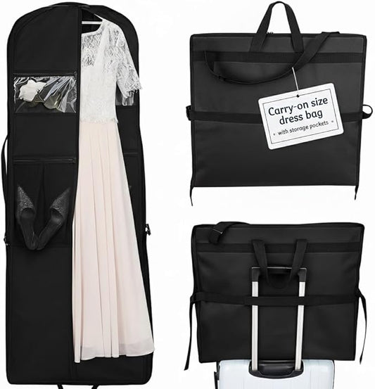 Sturdy Oxford polyester fabric - 72" Wedding Dress Garment Bag - Shoulder Strap - Accessory Pockets - Attaches to Suitcase – Waterproof – Trifold – Designed for Full Skirts – Carry Handle (Black)