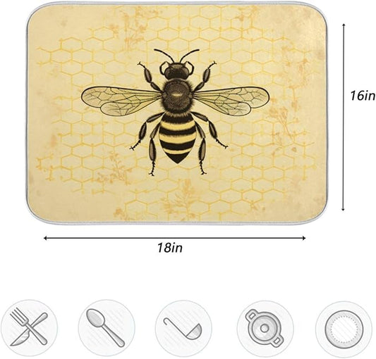 Chic Retro Art Honeycomb Bee Microfiber Dish Drying Kitchen Countertop Table Protector Multipurpose Counter Rack Sink Drainer Pad (16" x 18")
