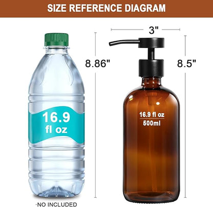 RYTOXILO Amber Glass Soap Dispenser 4 Pack, Hand Soap Dispenser Bathroom with Stainless Steel Pump, 16.9 Fl oz Hand and Dish Soap Dispensers Set Kitchen, Modern Brown Soap Lotion Dispensers Bottle