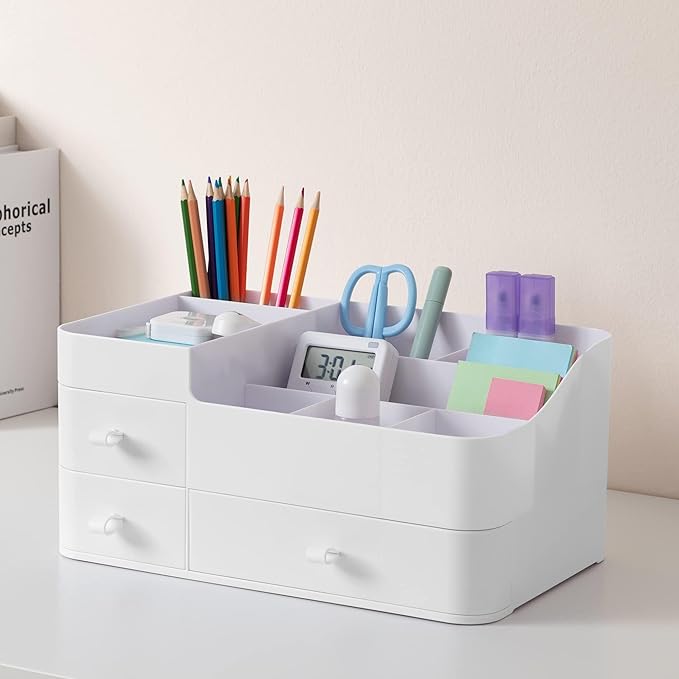 HBlife Makeup Organizer & Skincare Storage - Large Cosmetic Organizer with 3 Drawers, 8 Compartments Vanity Storage Box for Bathroom Counter, White