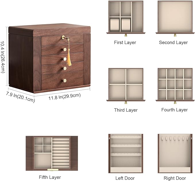 Homruilink Black Walnut Wooden Jewelry Box, Wood Jewelry Organizer with 2 Side Doors Mirror Lockable Classical Style for Watch Necklace Ring Earring Storage Valentines Day Gifts for Her-5 Layer