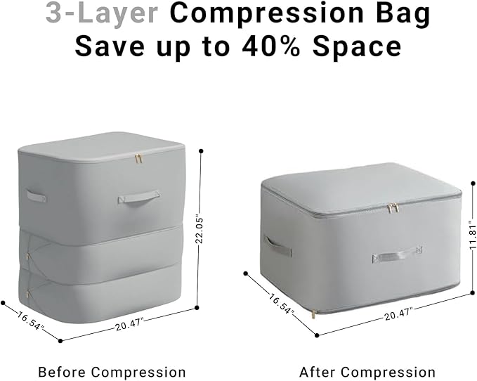 2-Pack Comforter Storage Bag Large Capacity Blanket Storage Bags, Ultra Space Saving Self Compression Organizer, Washable Compression Bags for Comforter Blanket Bedding Duvet Pillow (Grey)