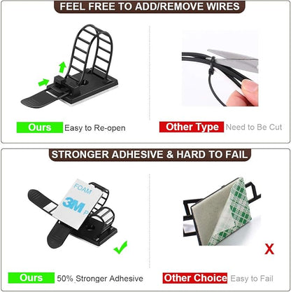 100Pcs Adhesive Cable Management Clips with 50Pcs Zip Ties, Adjustable Nylon Cable Strap Ties Wire Clips Clamps Organizer with Strong Adhesive Tape, Extra Screw & Hole - 3.55 Inch Black