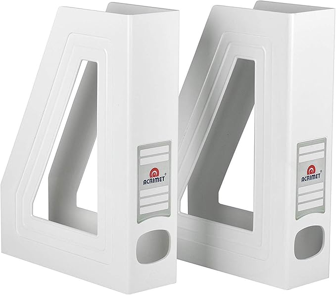 Acrimet Magazine File Holder – Vertical Rack for Documents, Folders and Mail, Durable Plastic Desk Organizer for Office & Home, White (2 Pack)